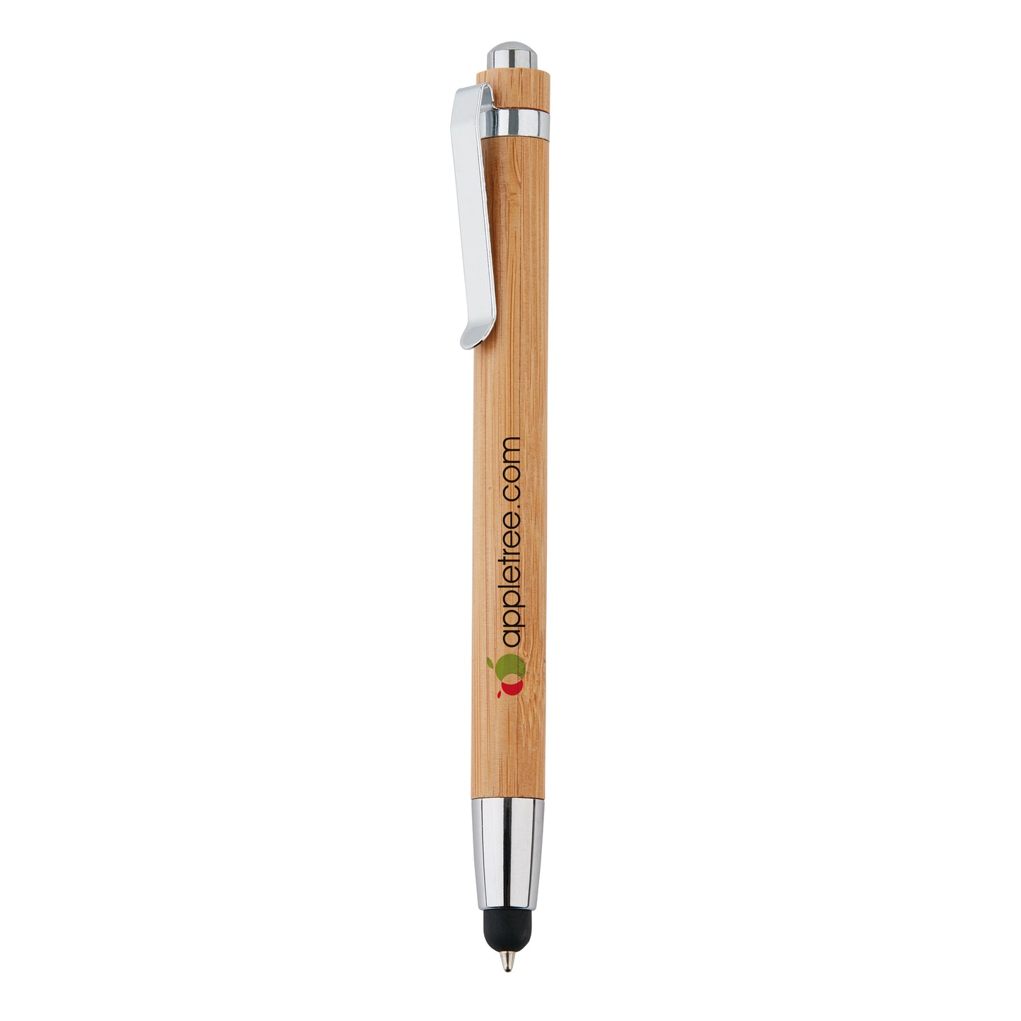 Eco Friendly Wood Ball Pen with Stylus showcasing bamboo design and integrated stylus tip, ideal corporate gift.