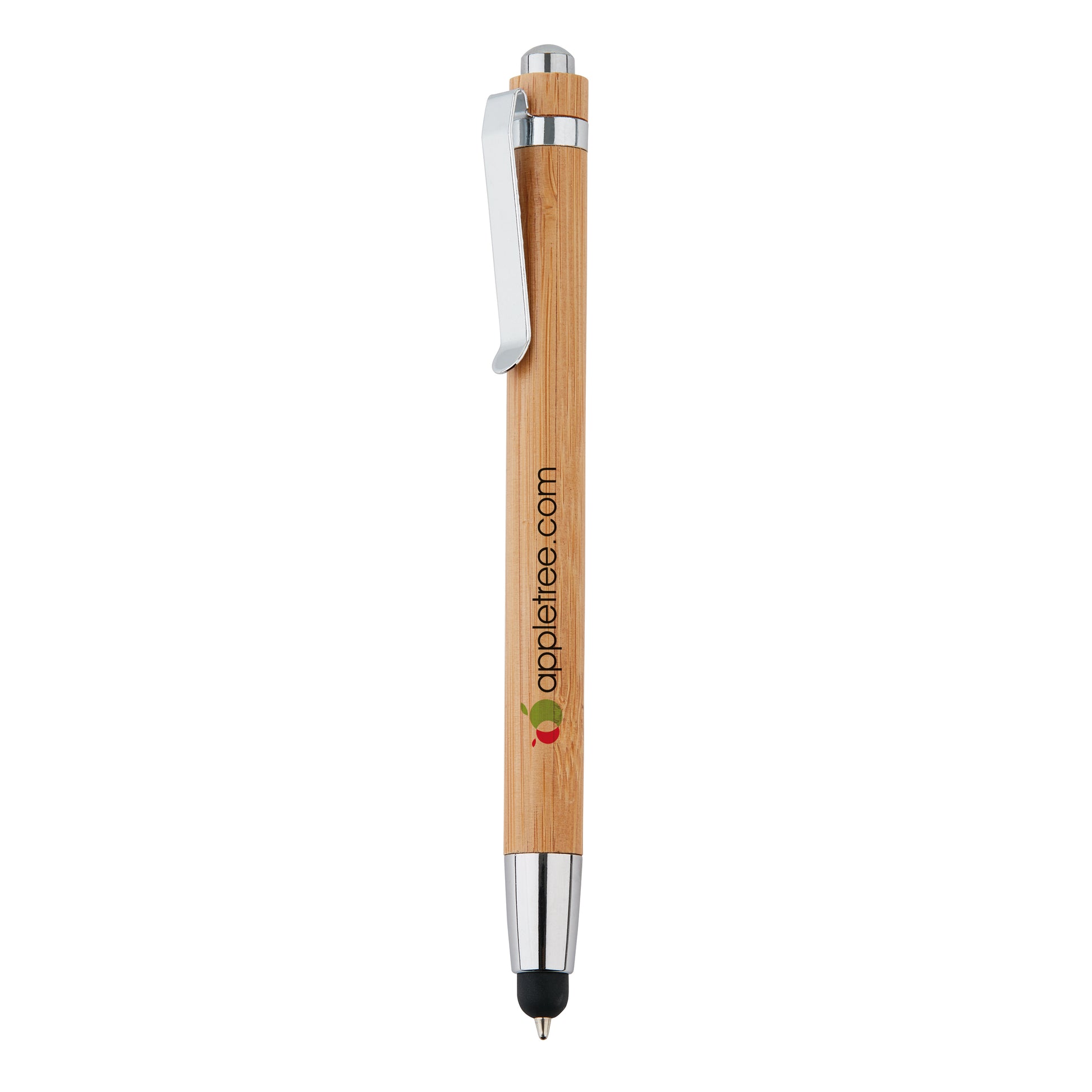 Eco Friendly Wood Ball Pen with Stylus showcasing bamboo design and integrated stylus tip, ideal corporate gift.