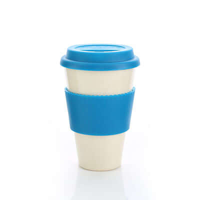 Bamboo Fibre Mug with blue silicone lid and holder, eco-friendly corporate gift for stylish on-the-go consumers