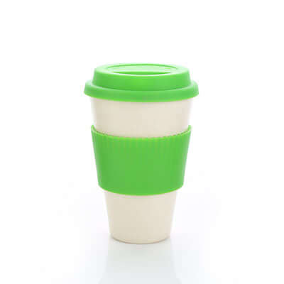 Bamboo Fibre Mug with vibrant green silicone lid and holder, perfect for eco-conscious consumers.