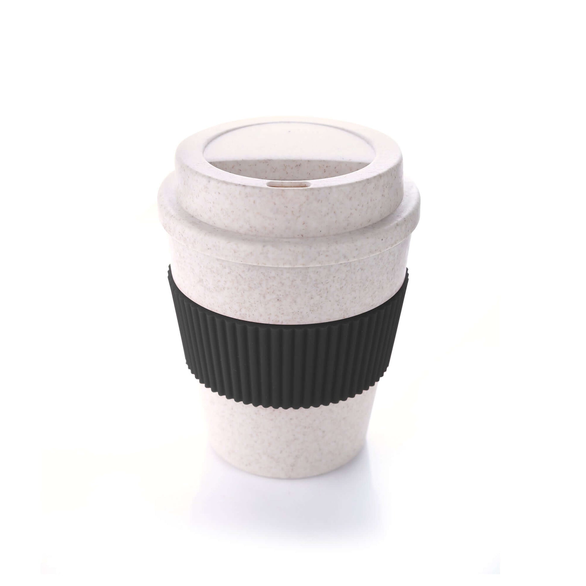 Bamboo Fibre Coffee Mug with black silicone sleeve, eco-friendly coffee cup perfect for corporate gift giving.