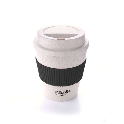 Bamboo Fibre Coffee Mug with black silicone sleeve, eco-friendly design for stylish coffee lovers.
