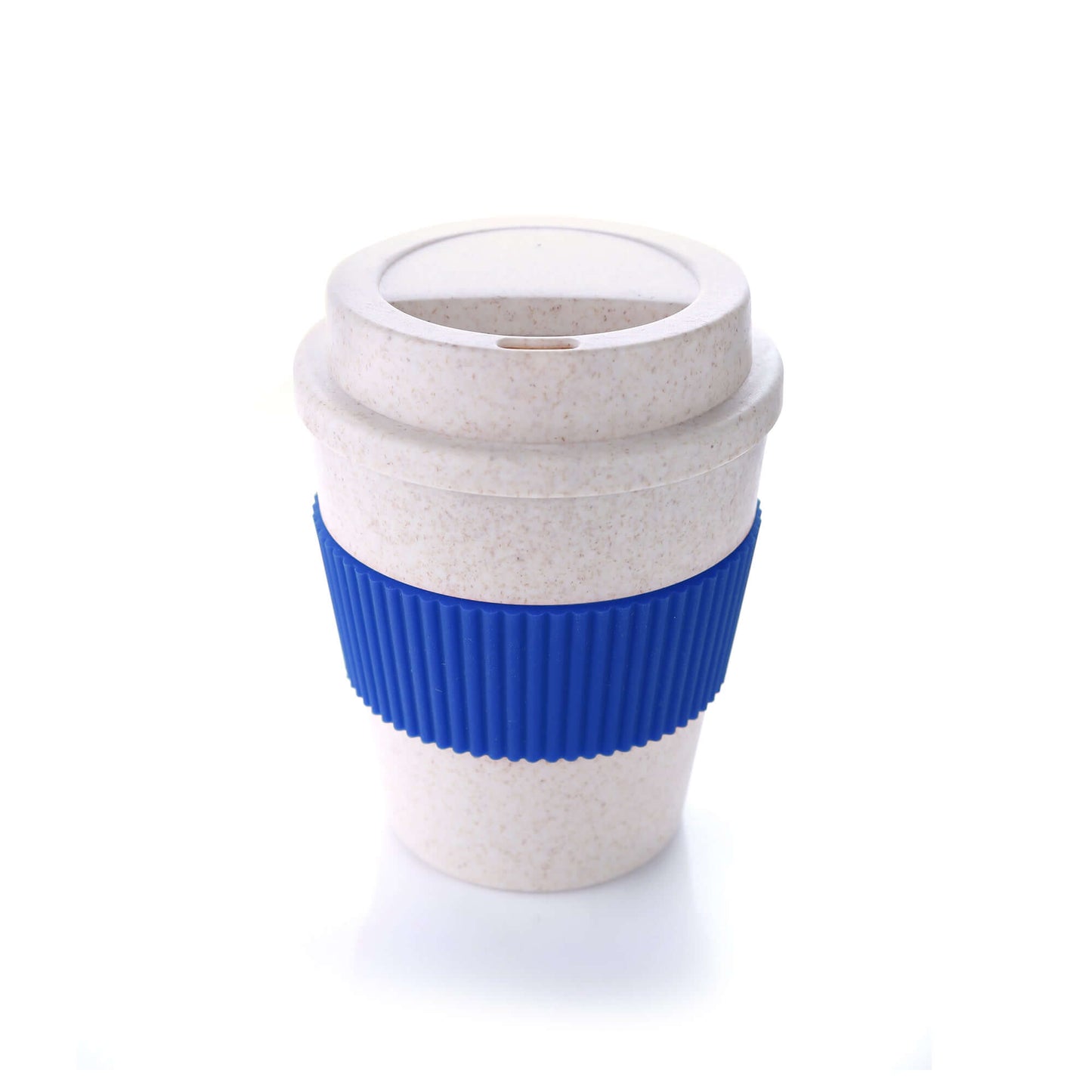 Bamboo Fibre Coffee Mug with blue silicone sleeve, eco-friendly design perfect for sustainable coffee lovers.