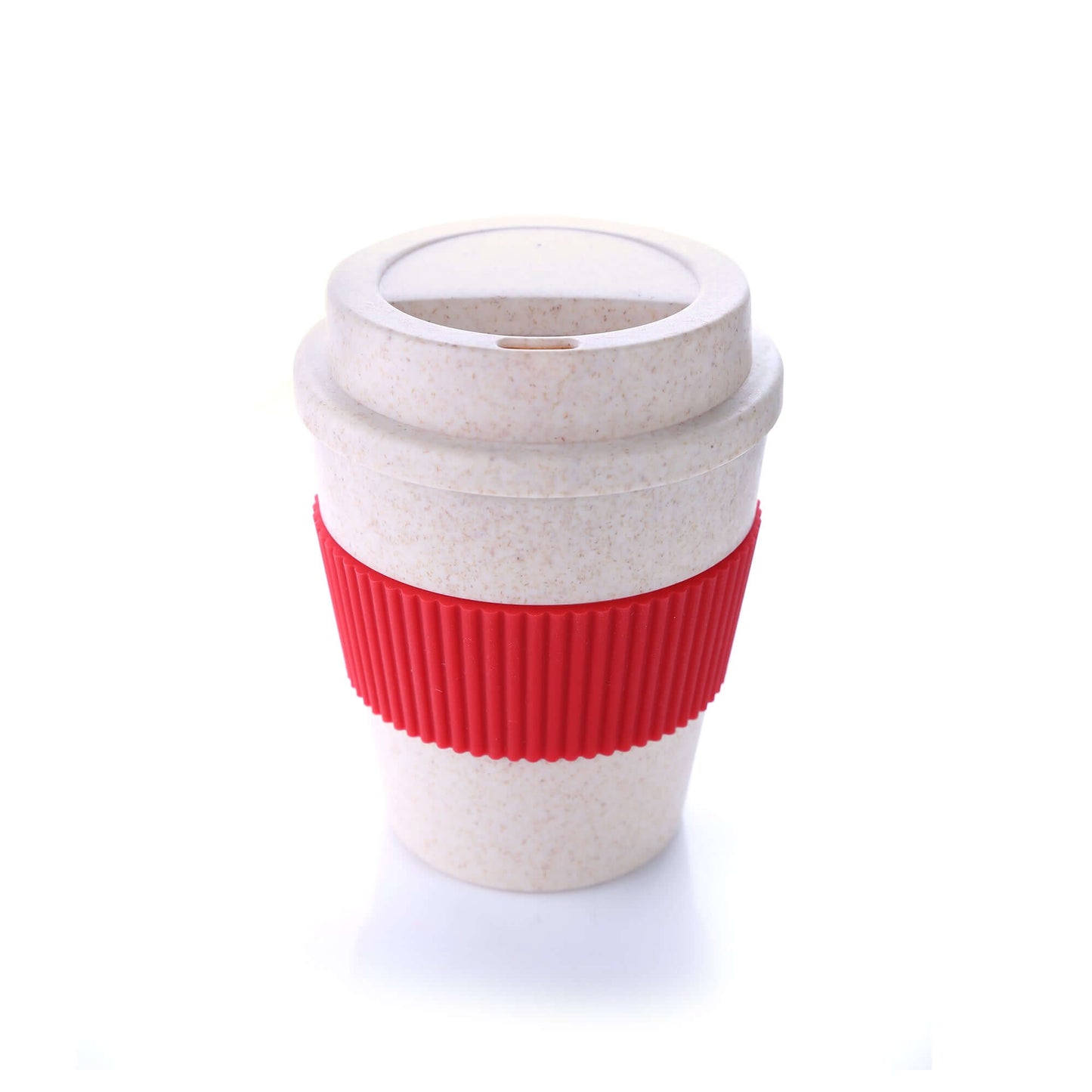 Bamboo Fibre Coffee Mug with red silicone sleeve, eco-friendly and stylish for coffee lovers, great for corporate gifts.