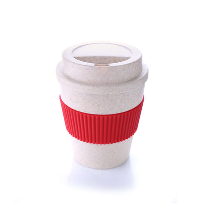 Bamboo Fibre Coffee Mug with red silicone sleeve, eco-friendly and stylish for coffee lovers, great for corporate gifts.