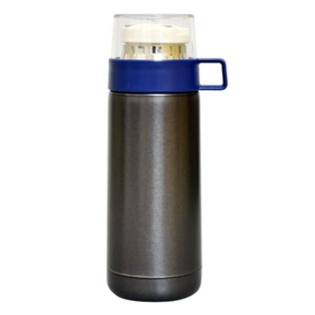 350ml Stainless Steel Thermos with blue lid and sleek black design, ideal corporate gift.