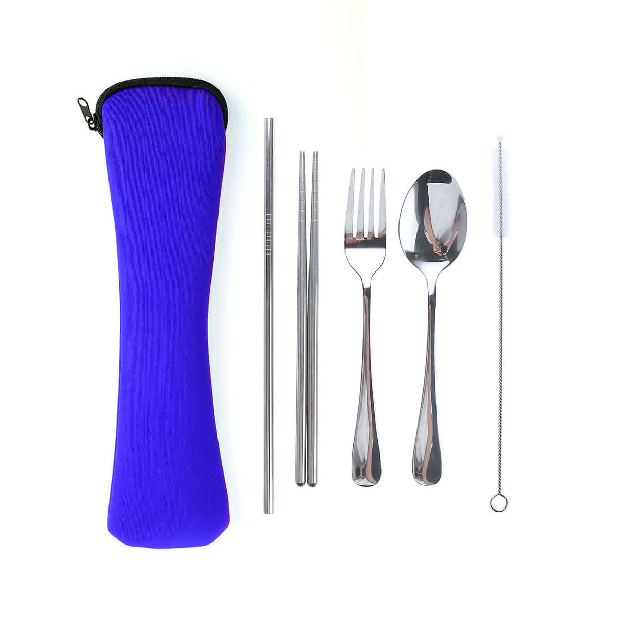 Care Pack in Eco-Friendly Drawstring Bag with reusable utensils and straw inside a purple case.