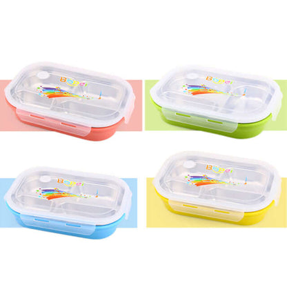 Stainless Steel Bento Lunch Box with Plastic Lid in blue, green, pink, and orange colors, perfect for on-the-go meals.