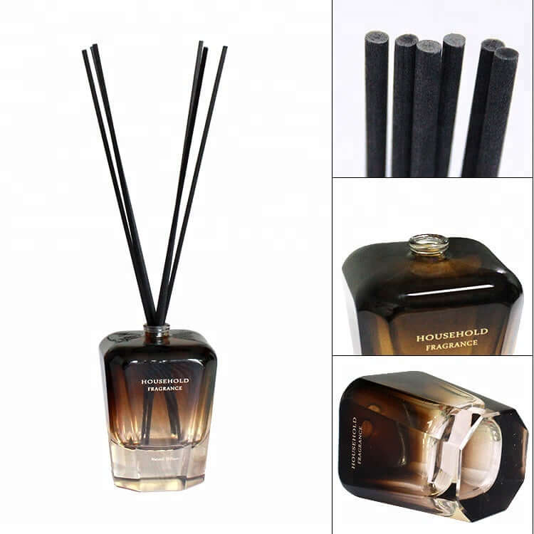 Bamboo Stick Essential Oil Fragrance Reed Diffusers in stylish glass container with black sticks.