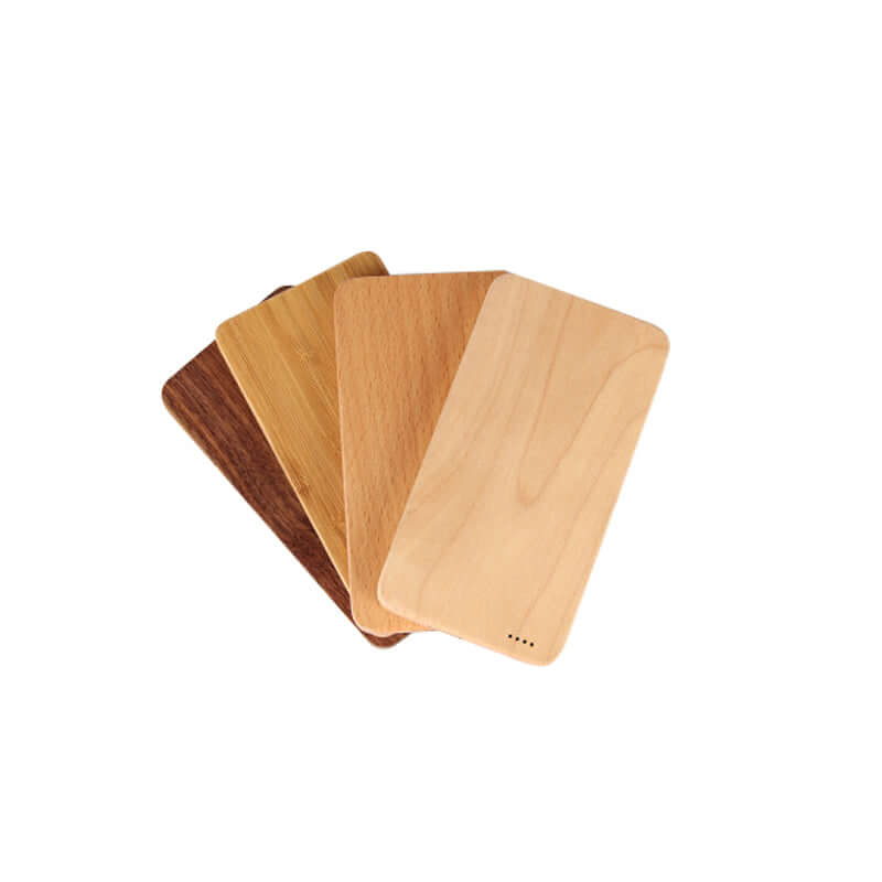 Eco-Friendly Wooden Powerbank 10000mAh in four wood finishes: Maple, Walnut, Rose wood, and Bamboo.