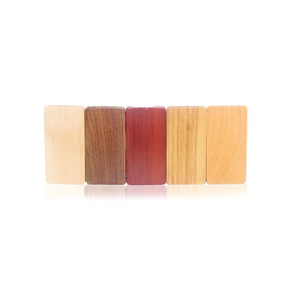 Eco-Friendly Wooden Powerbank 10000mAh different wood finishes including Maple, Walnut, Rose wood, and Bamboo.