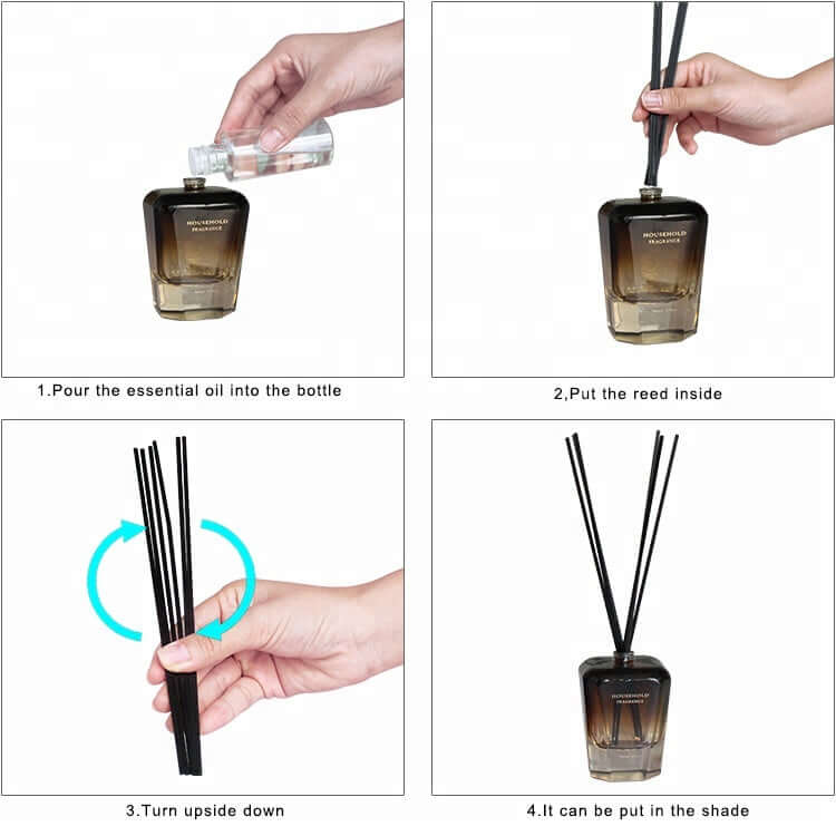 Instructions for Bamboo Stick Essential Oil Fragrance Reed Diffusers setup and use.