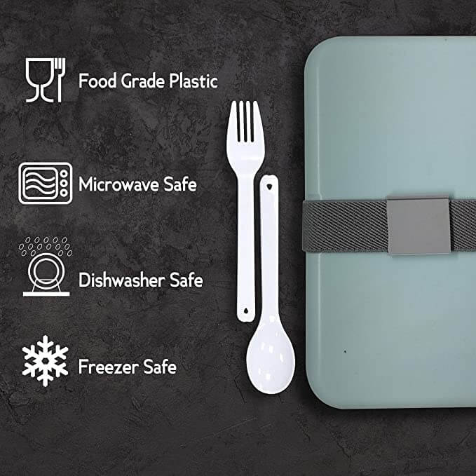 2-Tier Lunch Box with Rubber Tie features food grade plastic, microwave safe, dishwasher safe, freezer safe, with spoon and fork.