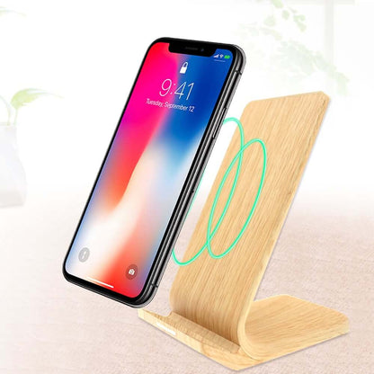 15W Bamboo Wireless Charger with Phone Stand, stylish design with wireless charging for eco-friendly workspace.