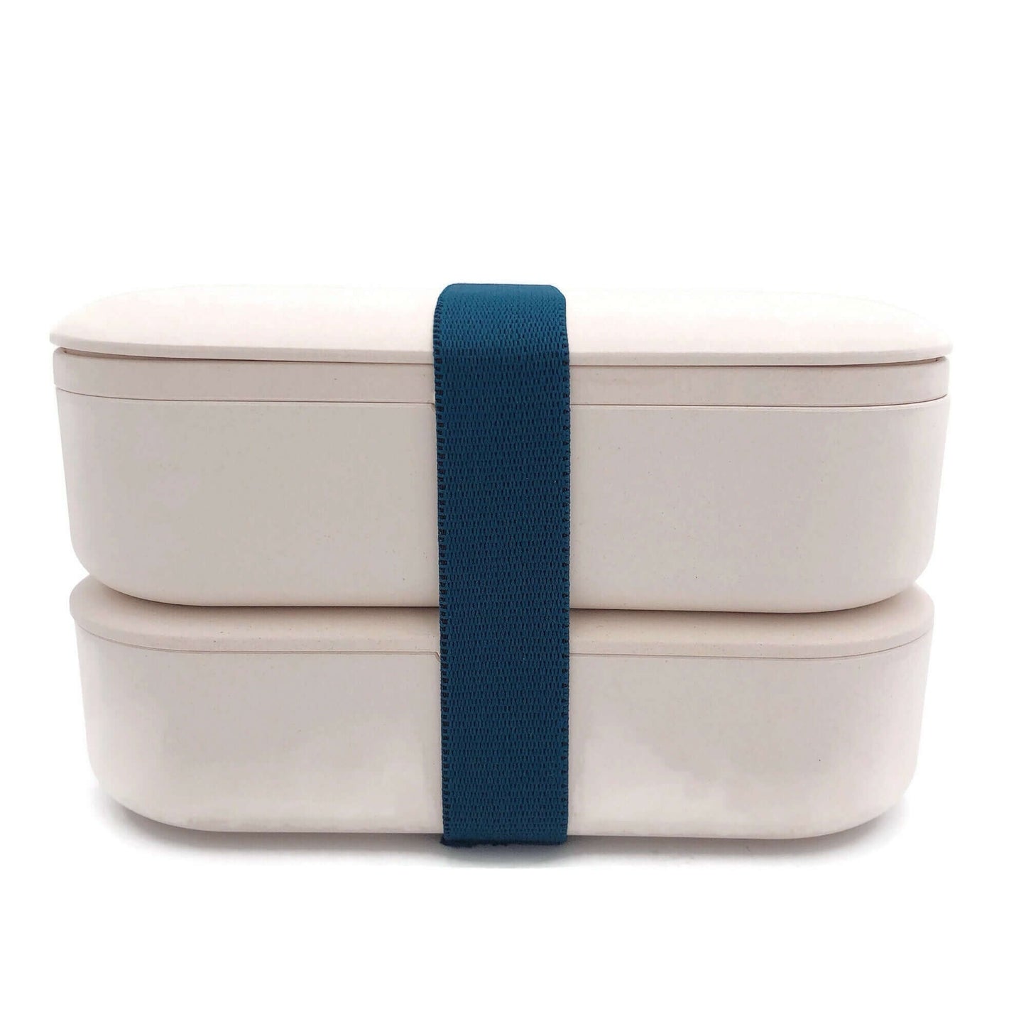 Eco-Friendly Bamboo 2-Tier Lunch Box with Cutlery Set secured with a blue strap for sustainable meals.