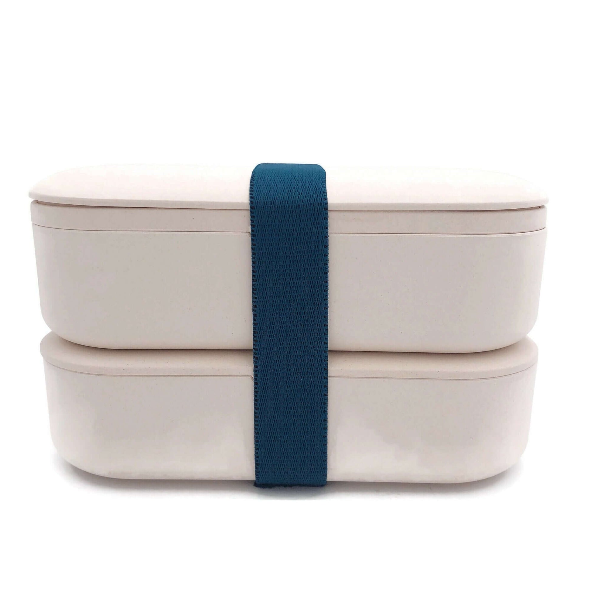 Eco-Friendly Bamboo 2-Tier Lunch Box with Cutlery Set secured with a blue strap for sustainable meals.