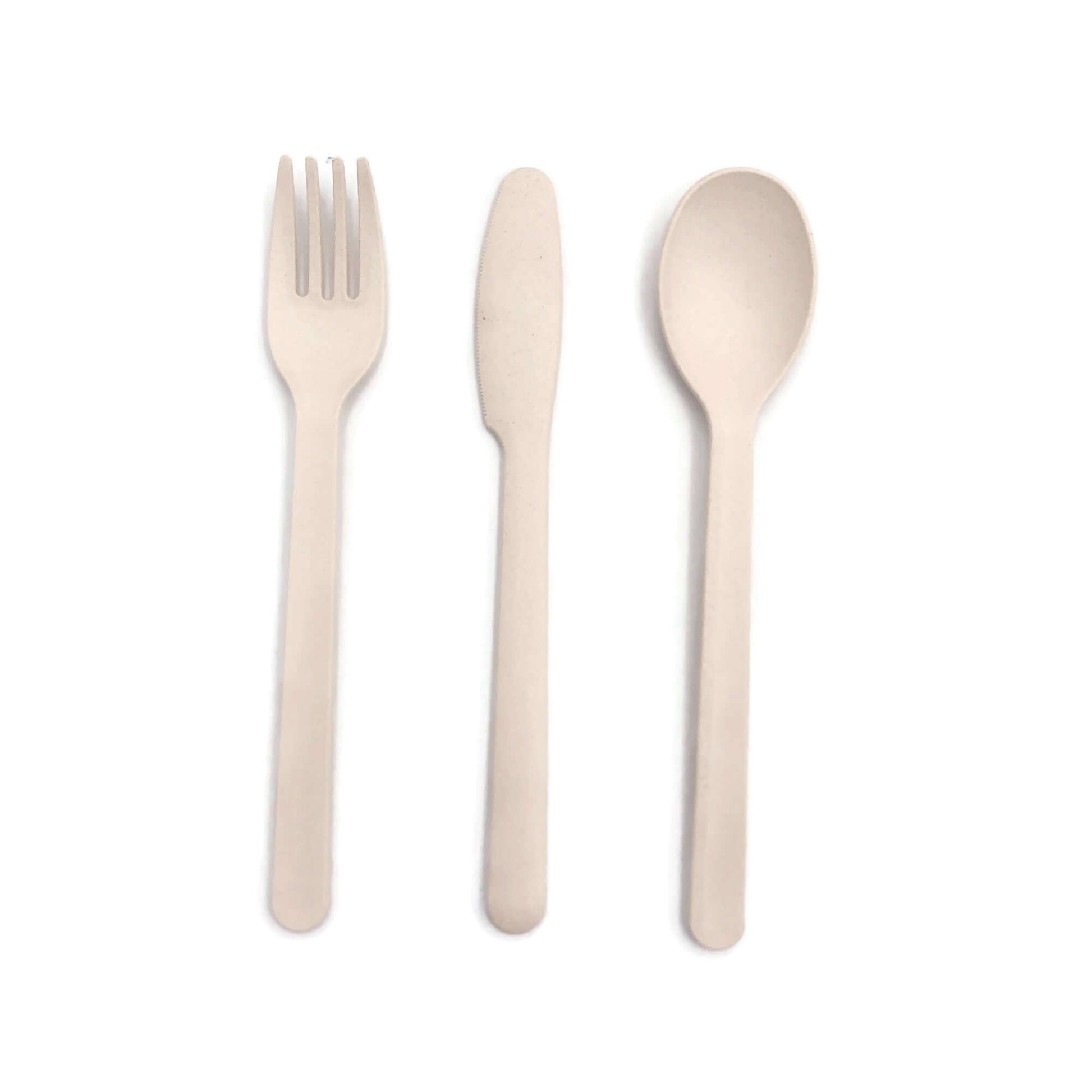 Eco-Friendly Bamboo 2-Tier Lunch Box with Cutlery Set includes a fork, knife, and spoon made from sustainable materials.