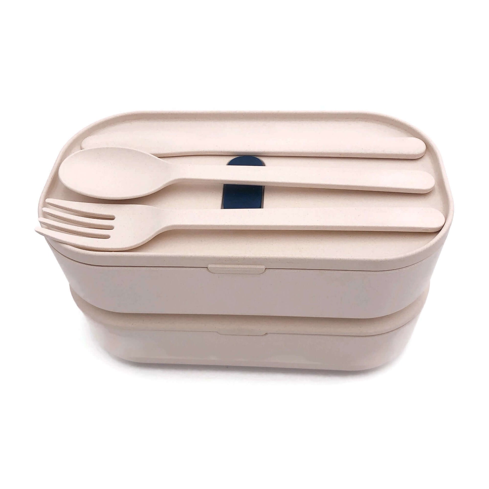 Eco-Friendly Bamboo 2-Tier Lunch Box with Cutlery Set top view showcasing utensils and sustainable design.