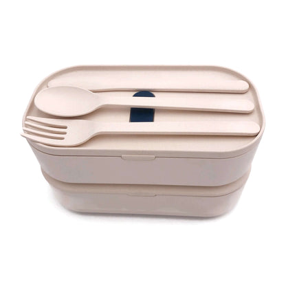 Eco-Friendly Bamboo 2-Tier Lunch Box with Cutlery Set top view showcasing utensils and sustainable design.