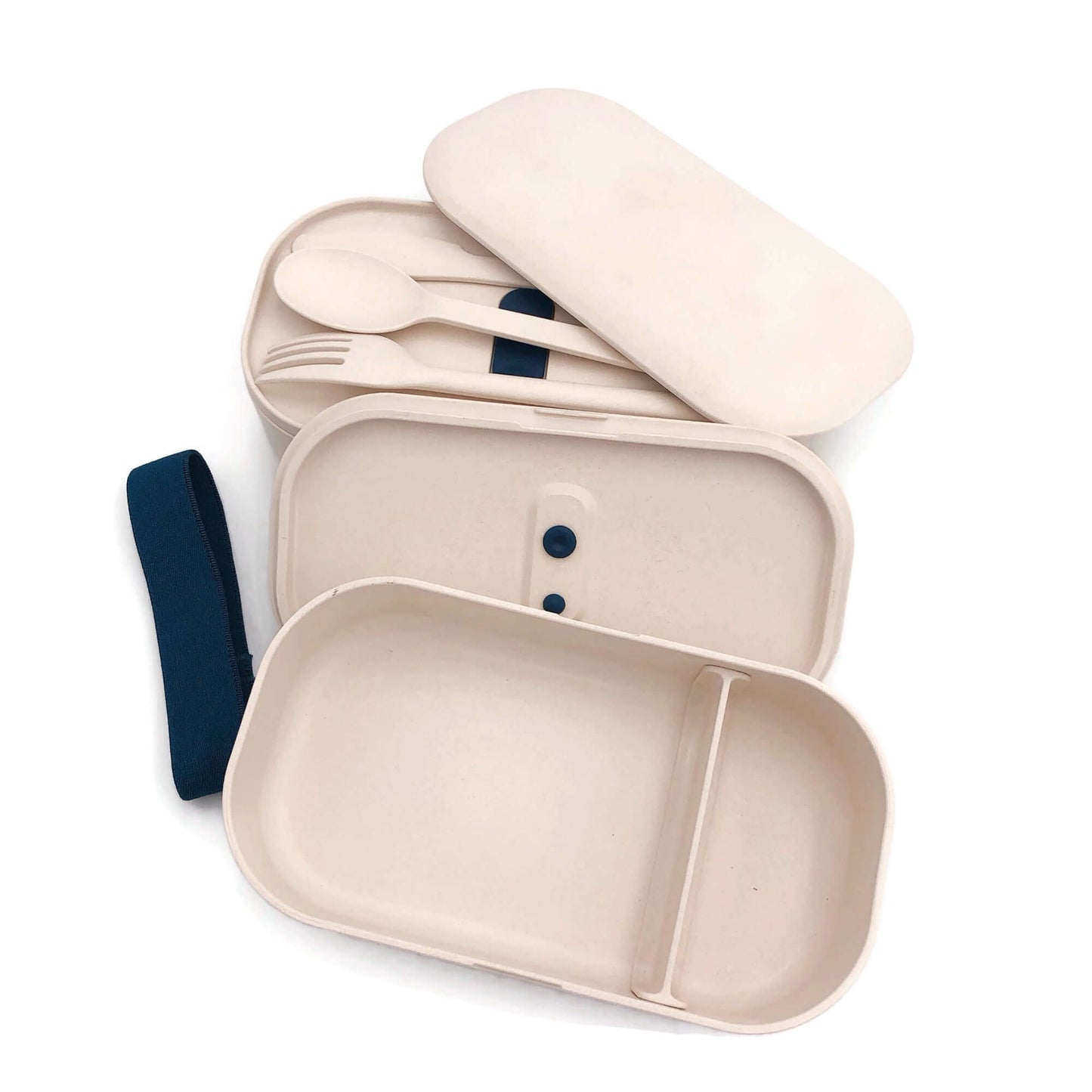 Eco-Friendly Bamboo 2-Tier Lunch Box with Cutlery Set showing contents and design.