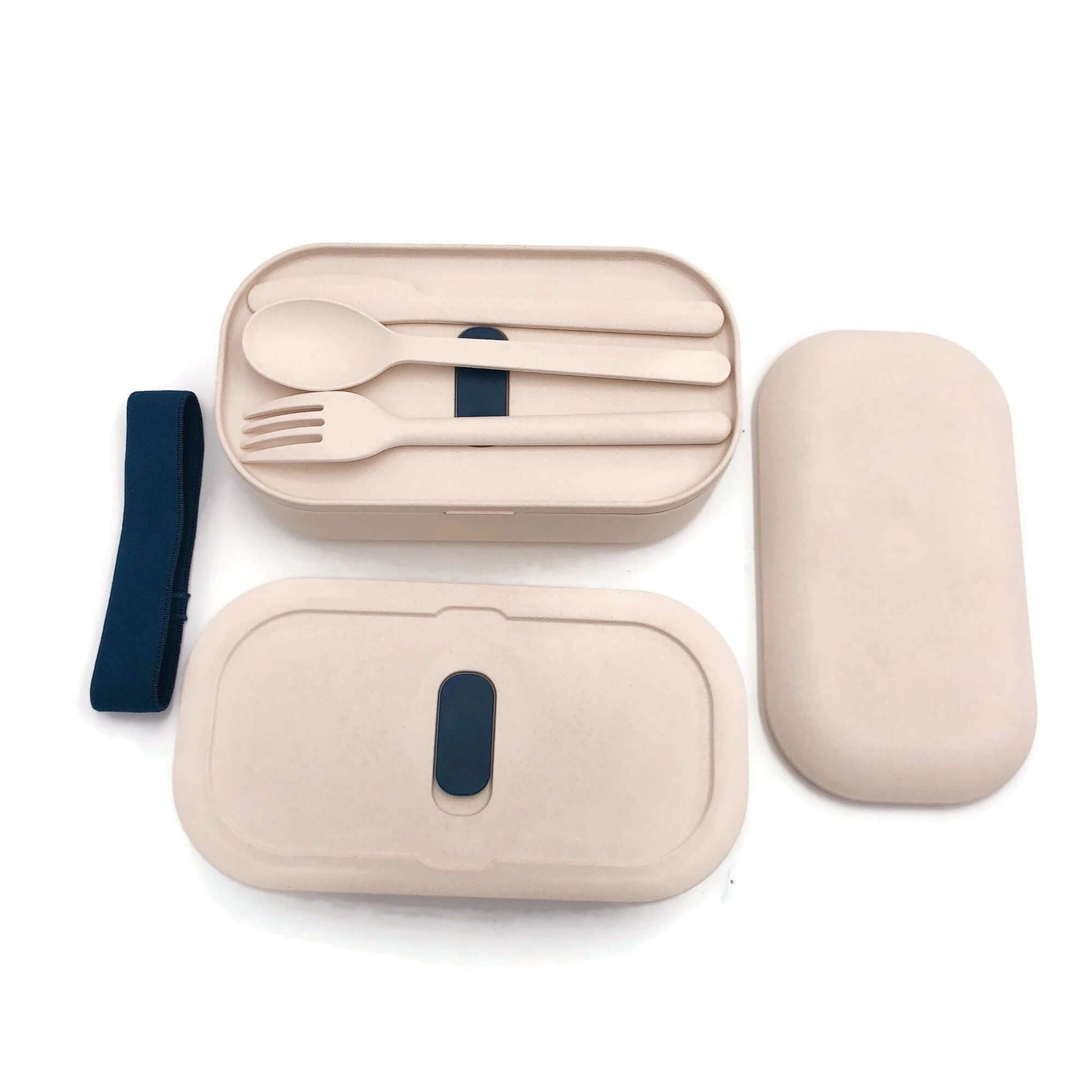 Eco-Friendly Bamboo 2-Tier Lunch Box with Cutlery Set including utensils and storage lid.