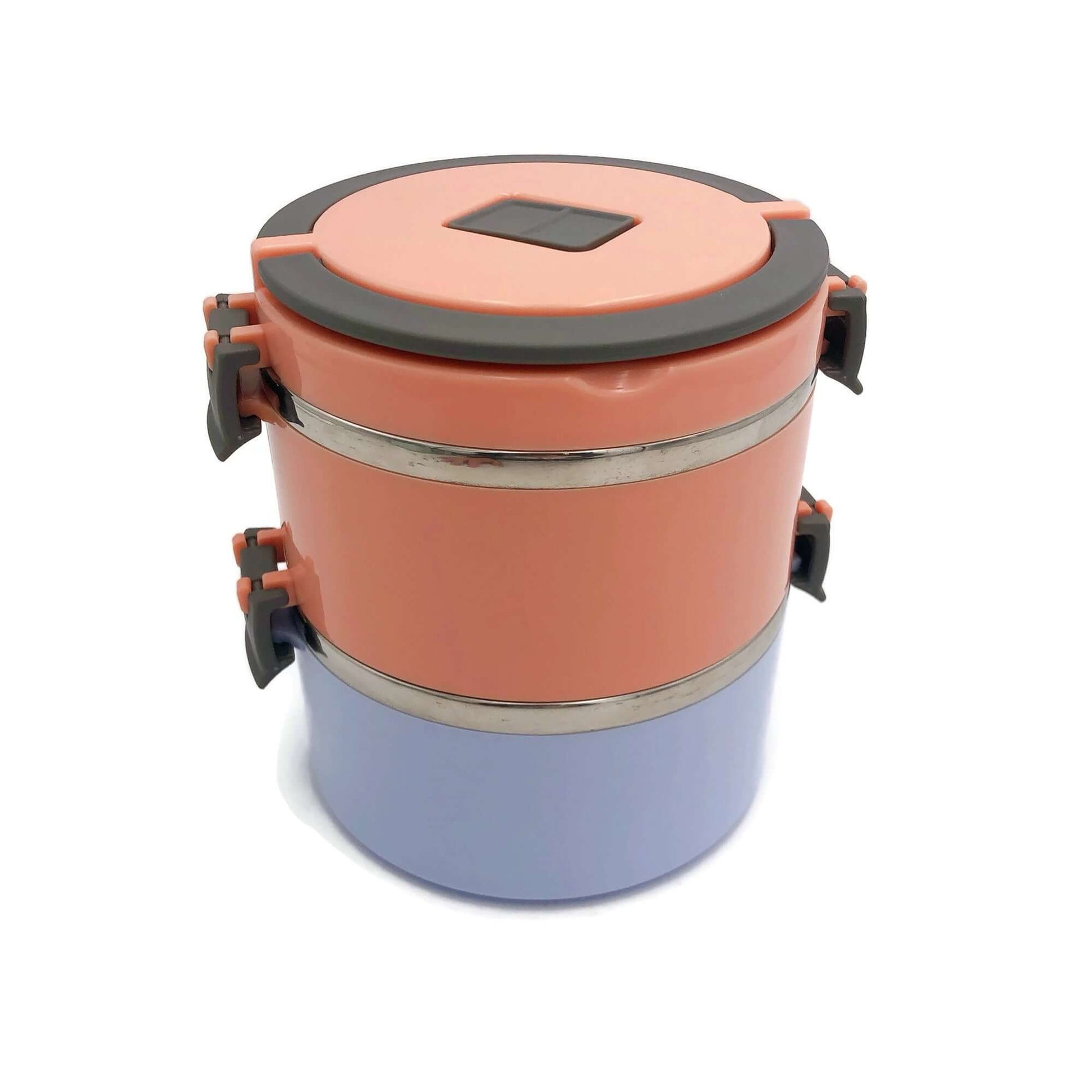 Round Thermos Tiffin Stainless Steel Lunch Box with vibrant orange and purple design, two layers for food storage.