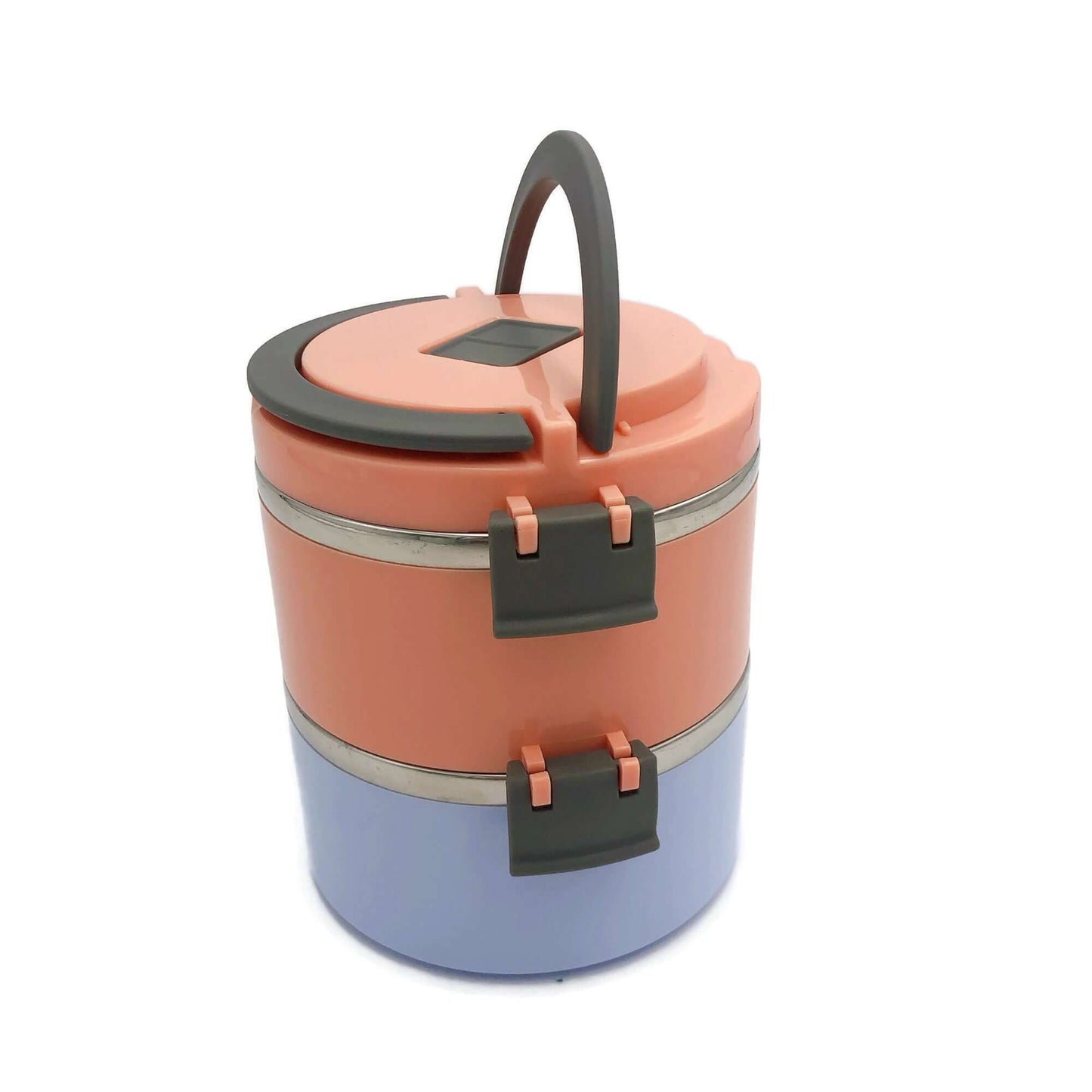 Round Thermos Tiffin Stainless Steel Lunch Box in orange and purple, perfect for meals on-the-go.