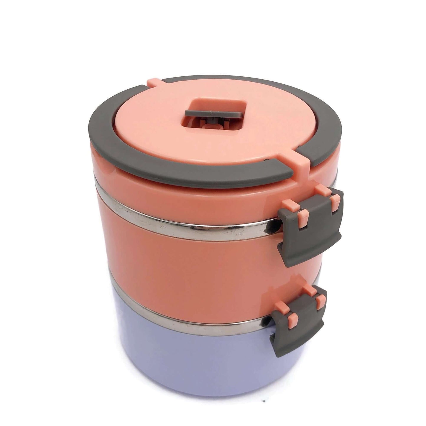 Round Thermos Tiffin Stainless Steel Lunch Box with vibrant orange and purple design.