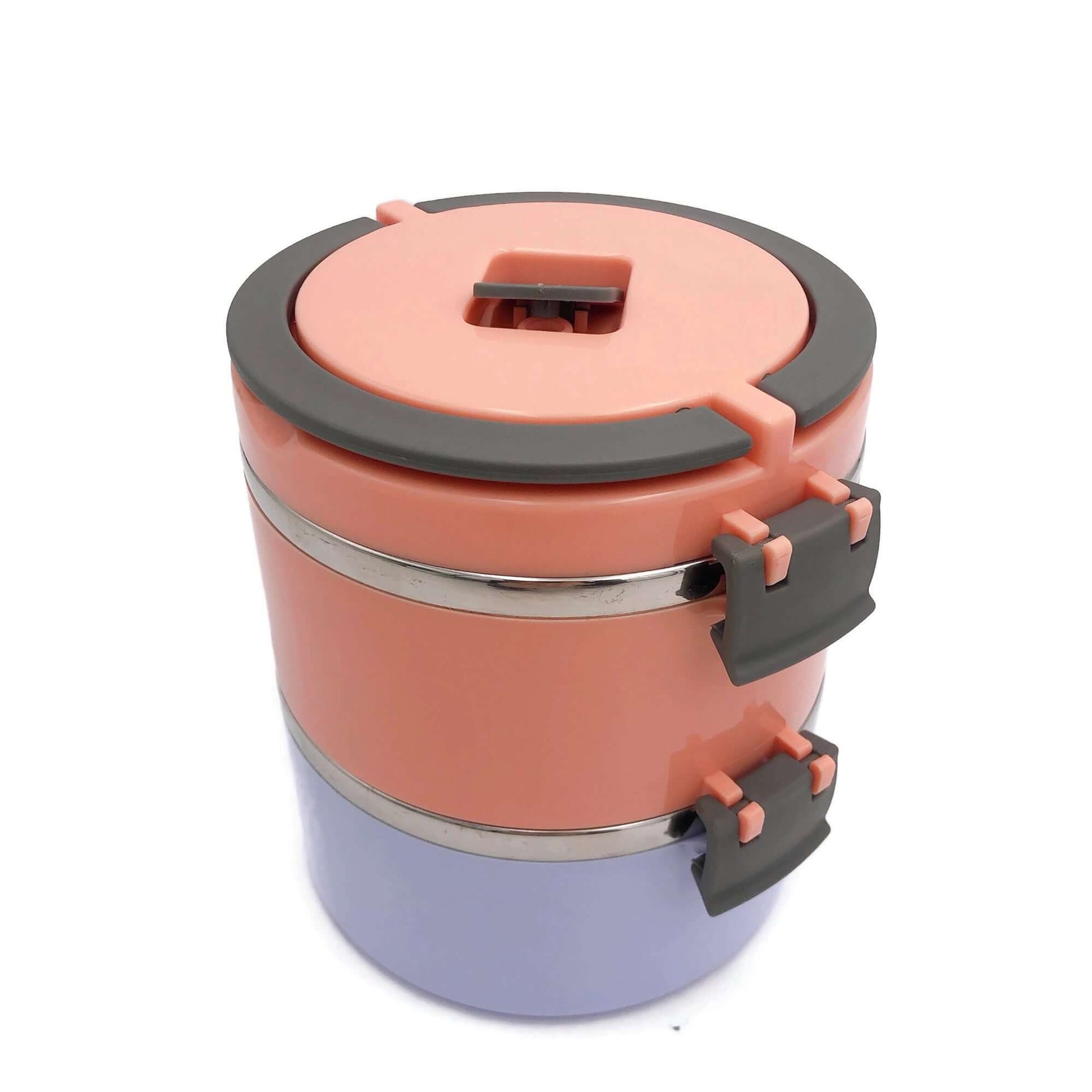 Round Thermos Tiffin Stainless Steel Lunch Box with vibrant orange and purple design.