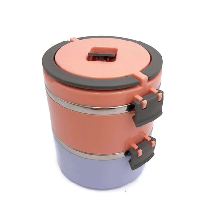 Round Thermos Tiffin Stainless Steel Lunch Box with vibrant orange and purple design.