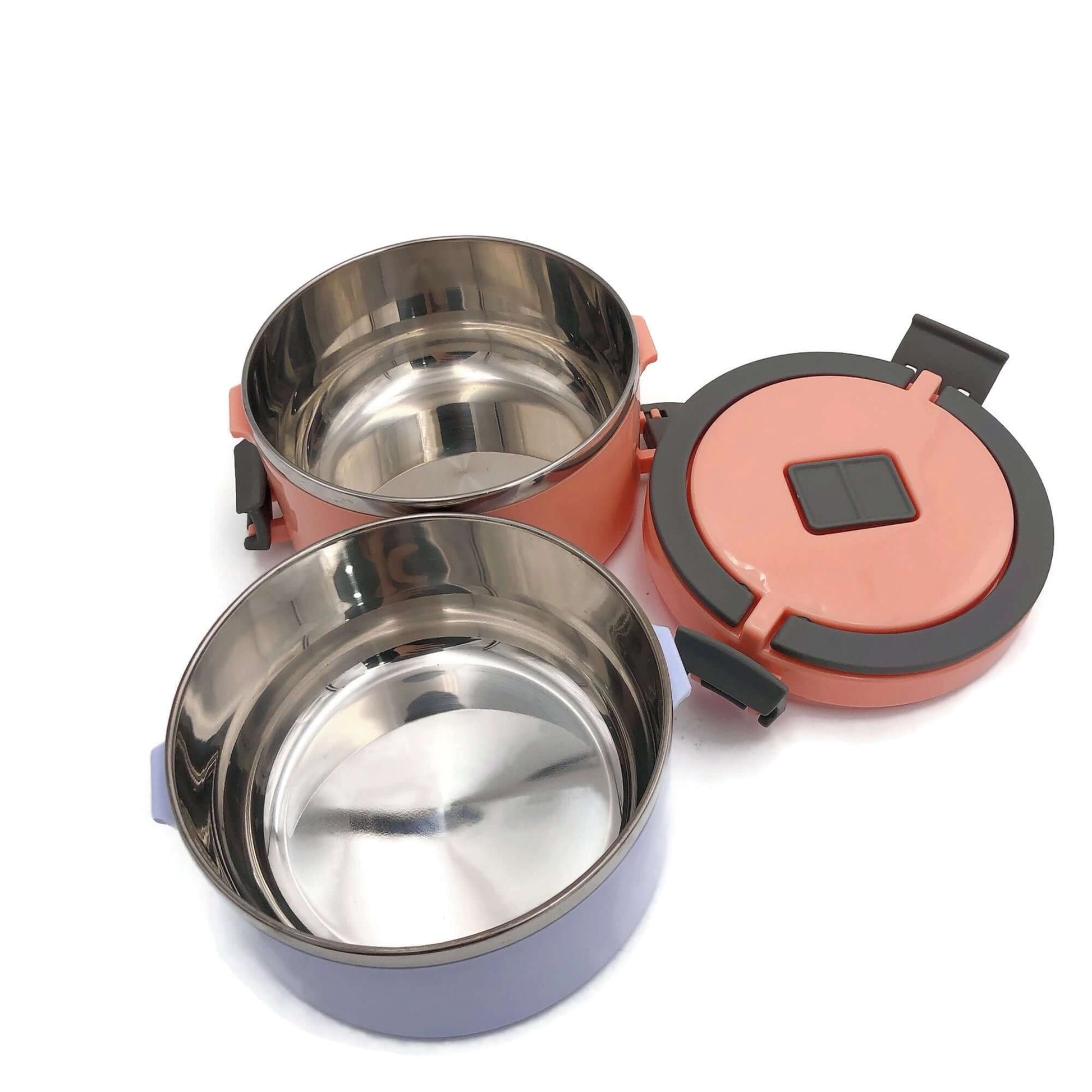 Round Thermos Tiffin Stainless Steel Lunch Box with vibrant orange and purple design, two layers for meal storage.