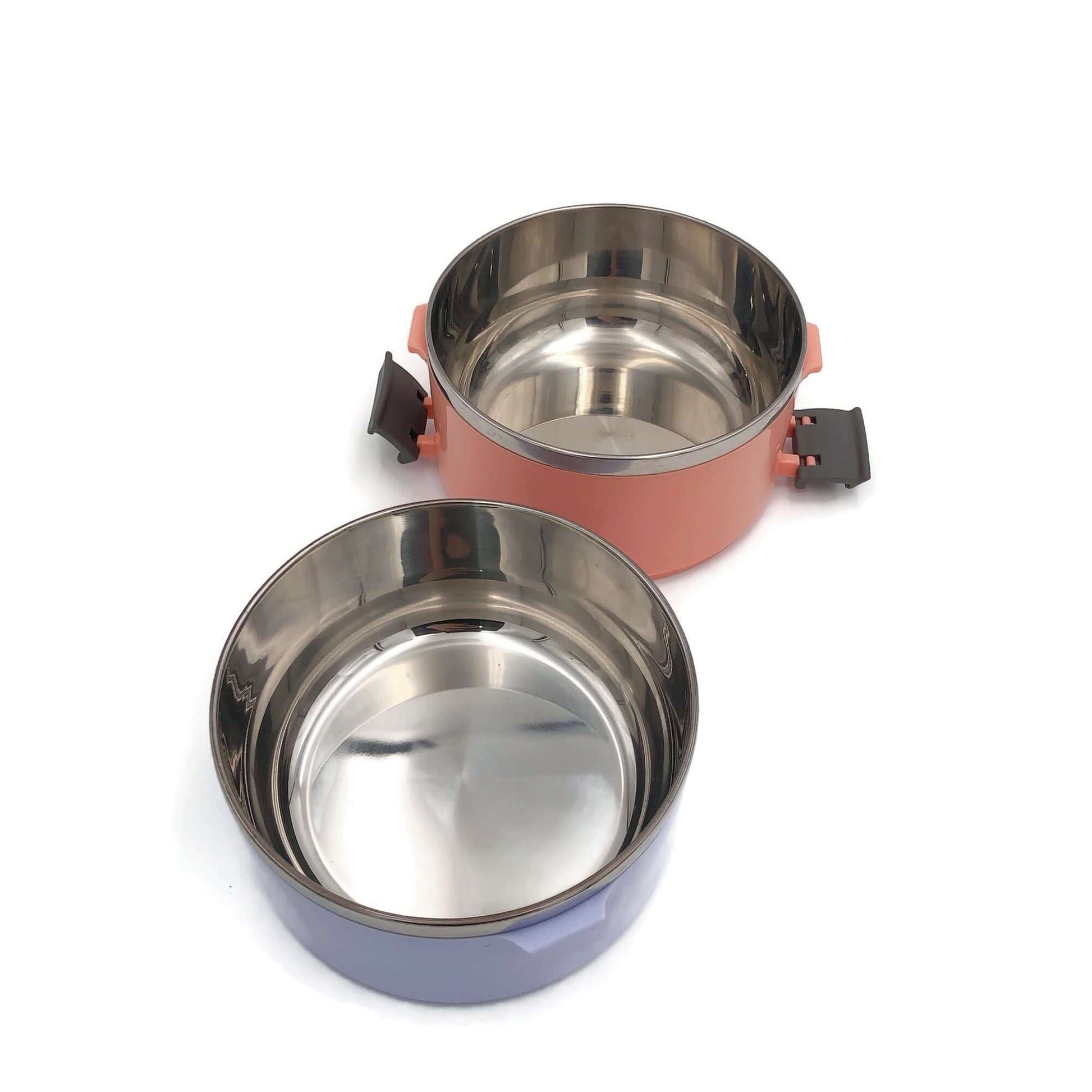Round Thermos Tiffin Stainless Steel Lunch Box in vibrant orange and purple, featuring two stainless steel layers.
