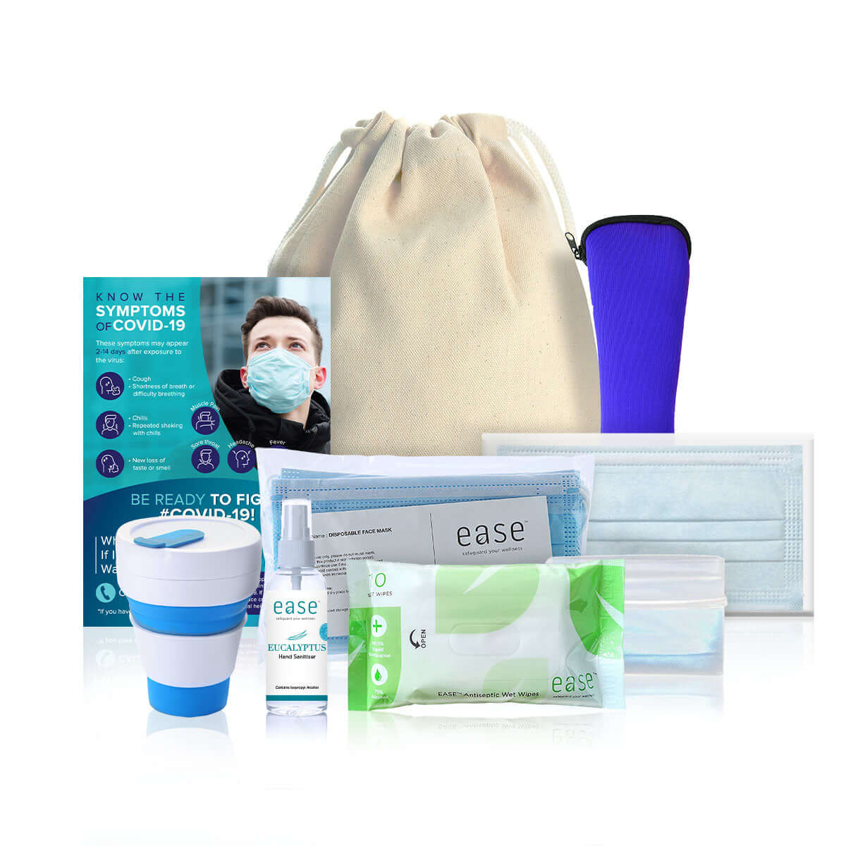 Care Pack in Eco-Friendly Drawstring Bag with masks, sanitizer, and wipes perfect for health and corporate gift.