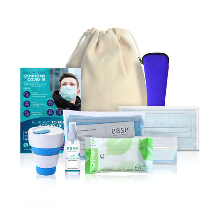 Care Pack in Eco-Friendly Drawstring Bag with masks, sanitizer, and wipes perfect for health and corporate gift.