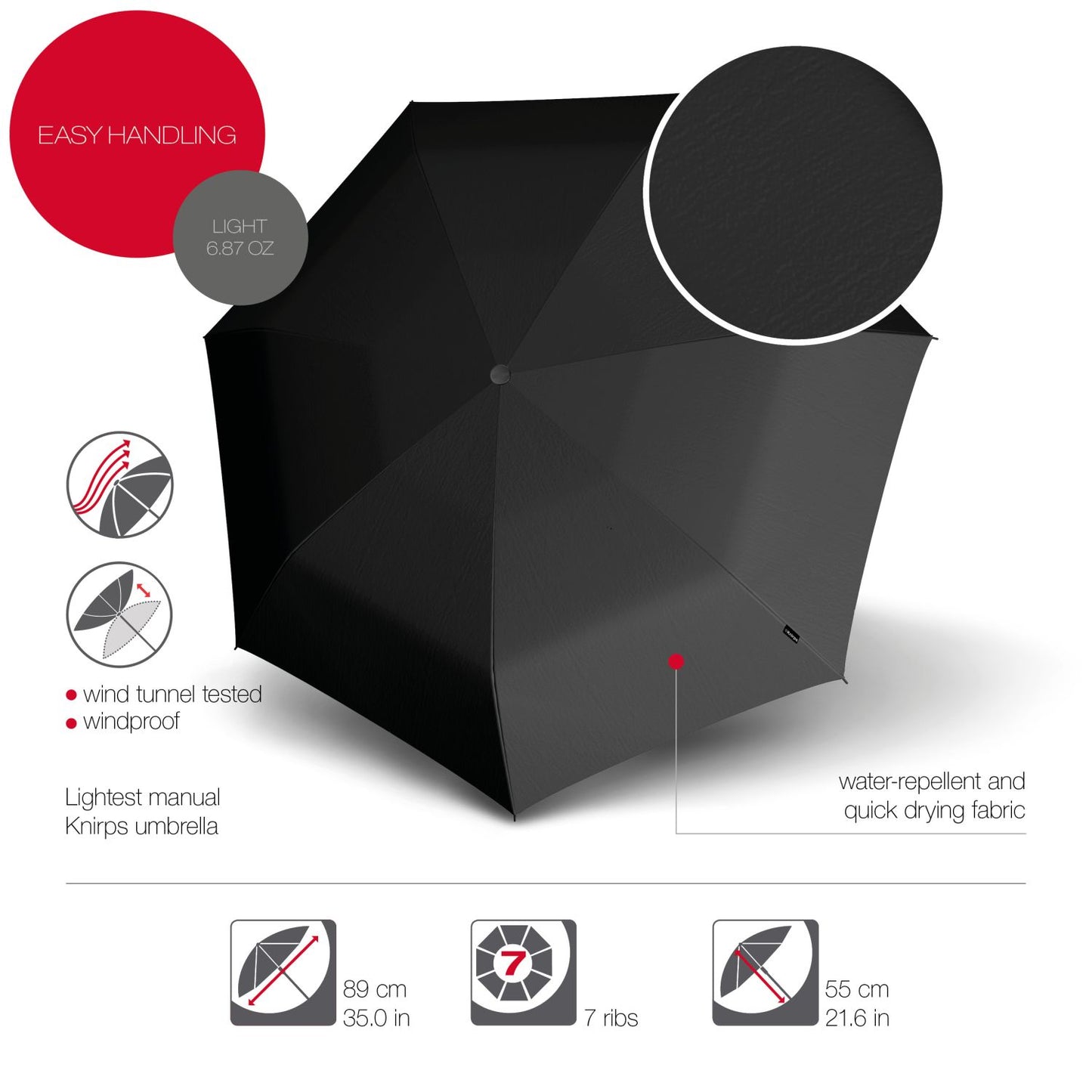 Knirps T.050 Medium Manual Umbrella in black, showcasing lightweight design and easy handling features.