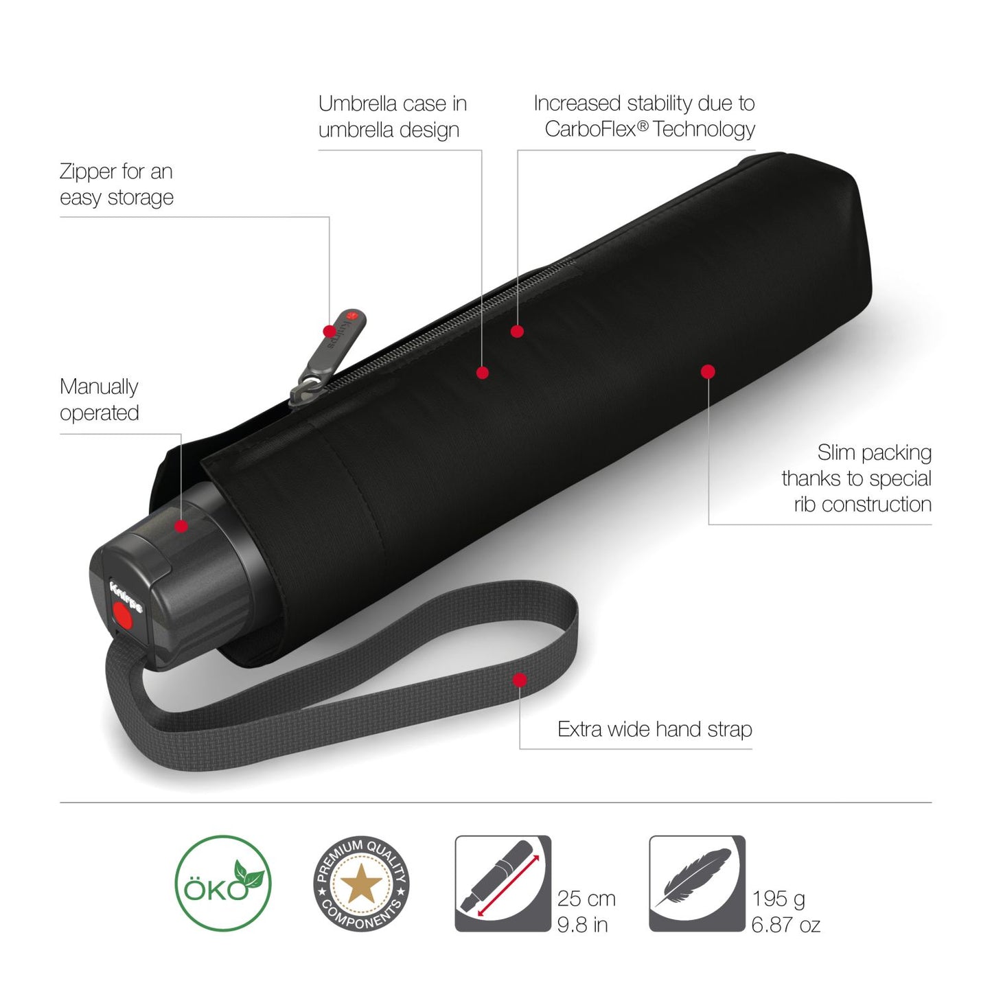 Knirps T.050 Medium Manual Umbrella case with zipper and CarbonFlex Technology for stability.