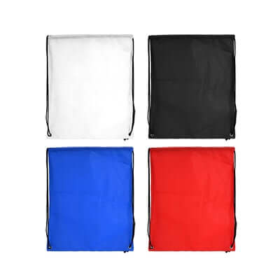 80gms Non-Woven Drawstring Bag available in four colors: white, black, blue, and red, ideal for corporate gifts.