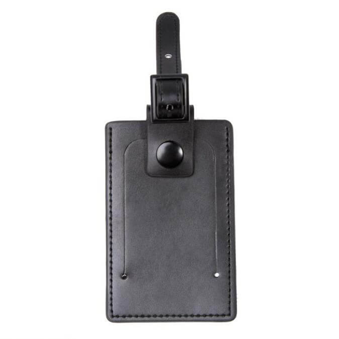 Luggage Tag | Bicast Leather in sleek black design with sturdy buckle for secure attachment.