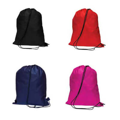 Non Woven Drawstring Bag in black, red, royal blue, and magenta colors, ideal for corporate gifts and everyday use.
