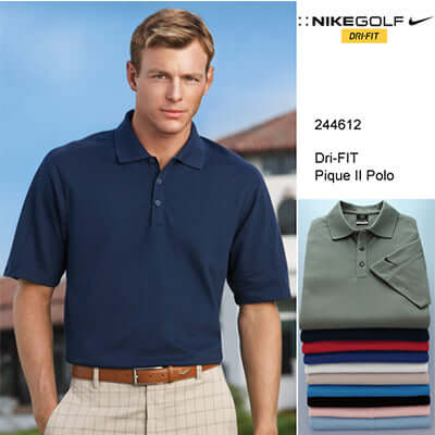 Nike Golf Dri-FIT Pique Polo Shirt displayed in various colors for corporate gift options.