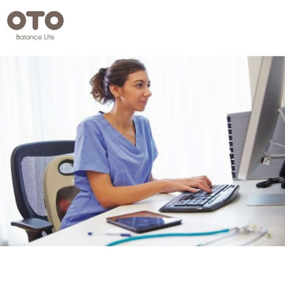A woman in scrubs using a computer at her desk with the OTO logo in the corner, promoting relaxation and wellness.