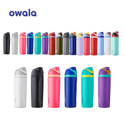 Owala Freesip Stainless Steel bottles in various colors, ideal as a corporate gift for hydration enthusiasts.