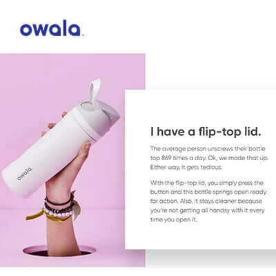 Owala Freesip Stainless Steel bottle with flip-top lid, perfect for hydration and corporate gift.