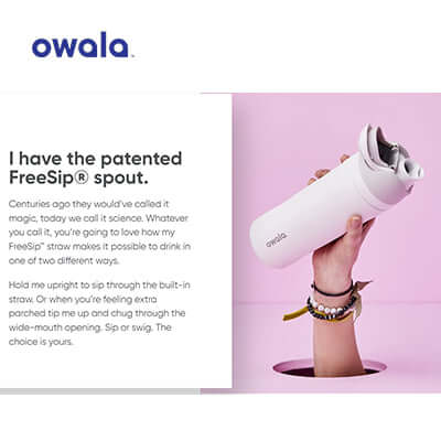 Owala Freesip Stainless Steel bottle showcasing the patented FreeSip spout for versatile hydration options.