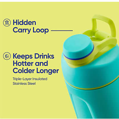 Owala Twist Stainless Steel water bottle with hidden carry loop and triple-layer insulation features.