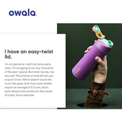 Owala Twist Stainless Steel water bottle with easy-twist lid and purple design.