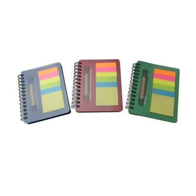 PP Cover notebook, Memo Pad & Pen set featuring blue, red, and green designs with sticky notes, ideal corporate gift.