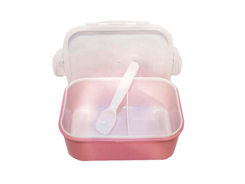 PP Lunch Box with Spoon opened, showing pink compartments and included spoon, perfect for meals on the go.