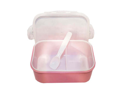 PP Lunch Box with Spoon opened, showing pink compartments and included spoon, perfect for meals on the go.
