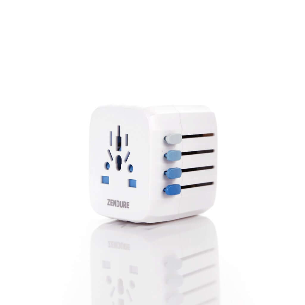 4 USB Travel Adapter with bimetallic thermal sensor and baby proof outlet for safe charging